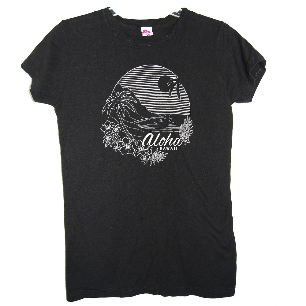 Women Y2K Hawaii Shirt Size Medium‎ Black Aloha Island Girl Nature Cotton Tee